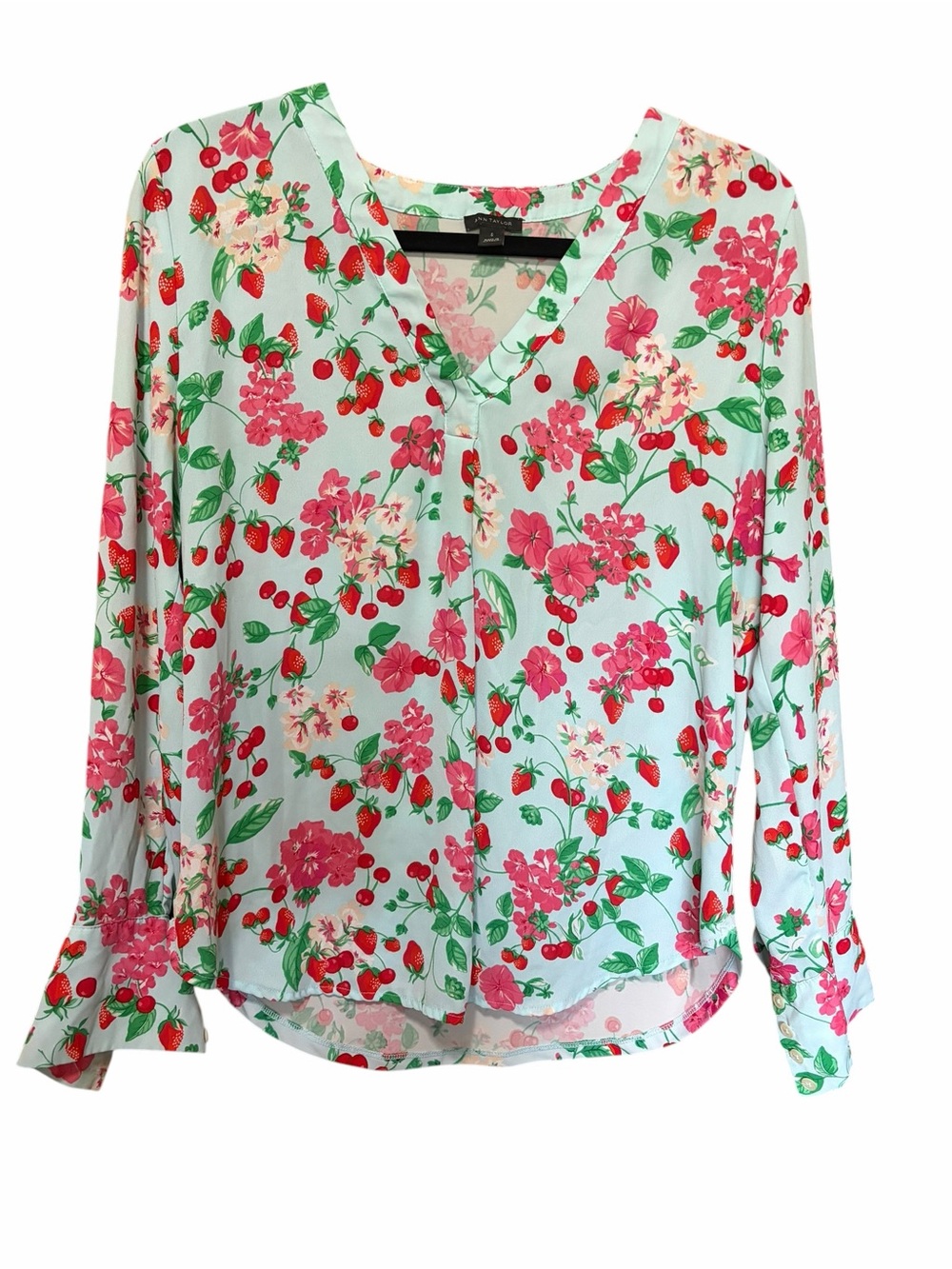 Mint Floral V-Neck Srawberry & Floral Blouse